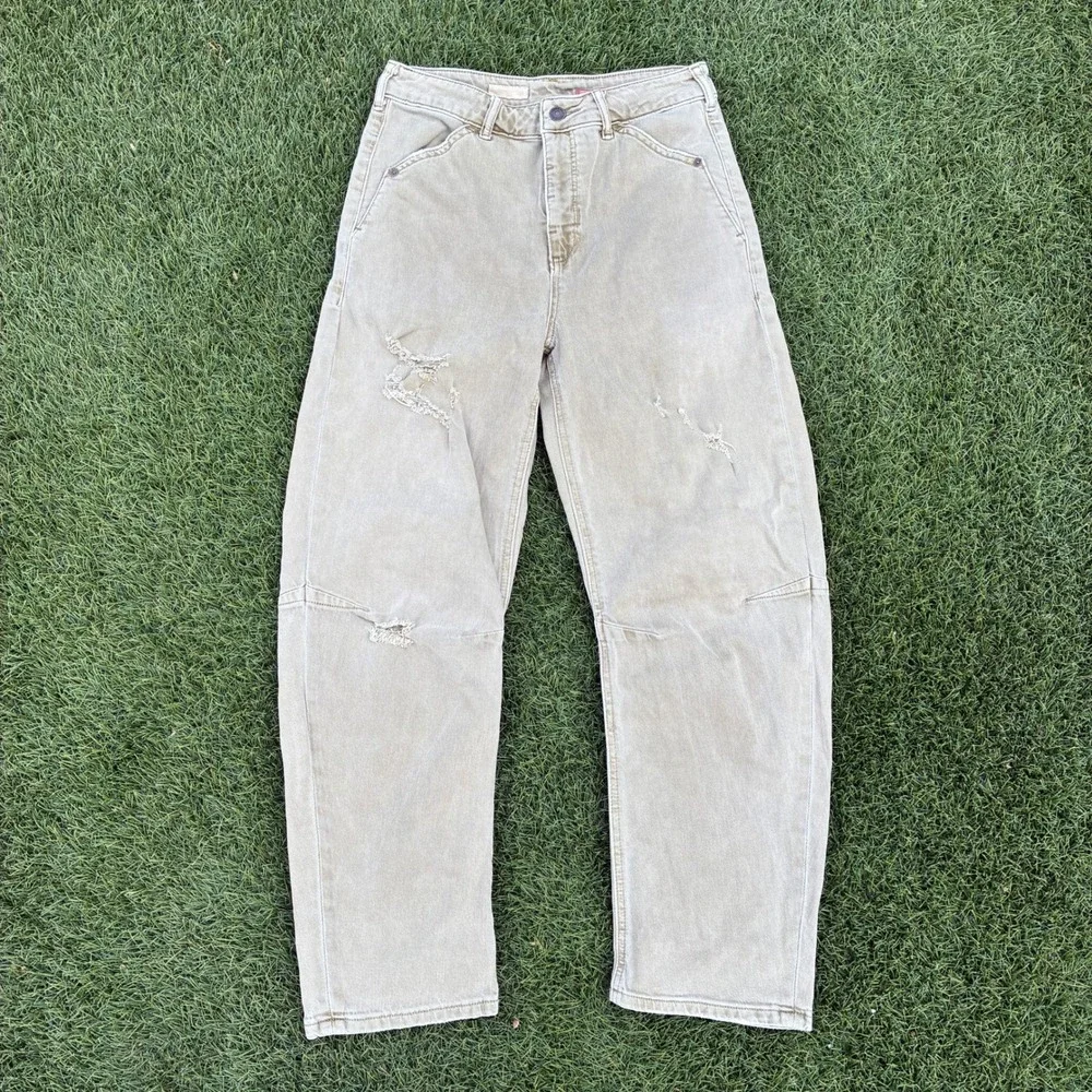 Pilcro Anthropologie 28x26 Distressed Barrel Leg Carpenter Jeans Bow Boyfriend